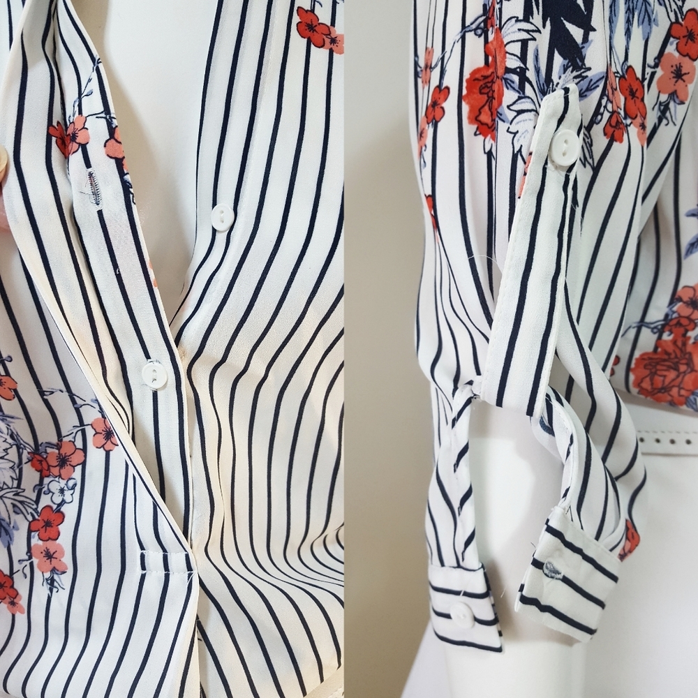 Mandee Vintage Floral Striped 3/4 Sleeve Chiffon Top - Picture 6 of 12